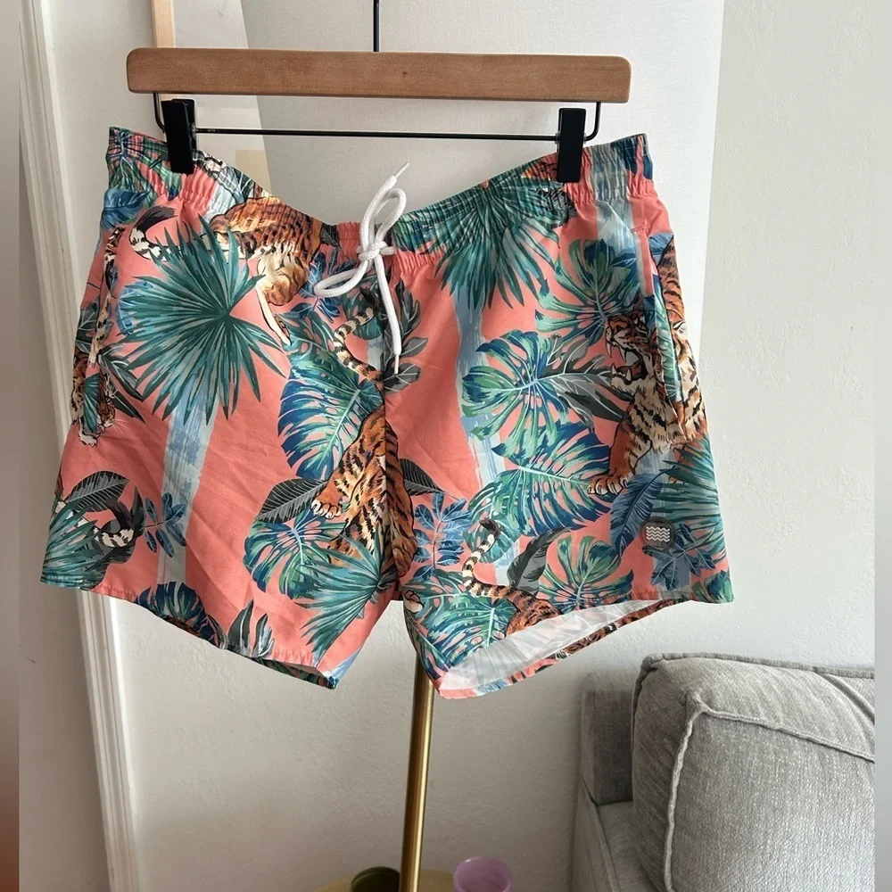Top Man Pink Tiger Tropical  Swim Trunks Size S/M Beach Summer Hawaiian